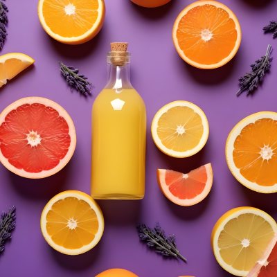 Minimal Soft Studio Light Photography Citrus Fruits Including Grapefruit Lemon And Orange Slices Along With A Bottle Of Essential Oil Or Oil And Sprigs Of Lavender On A Bright Yellow Background High Detai 11 61b2