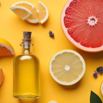 Minimal Soft Studio Light Photography Citrus Fruits Including Grapefruit Lemon And Orange Slices Along With A Bottle Of Essential Oil Or Oil And Sprigs Of Lavender On A Bright Yellow Background High Detai 12 D6ed