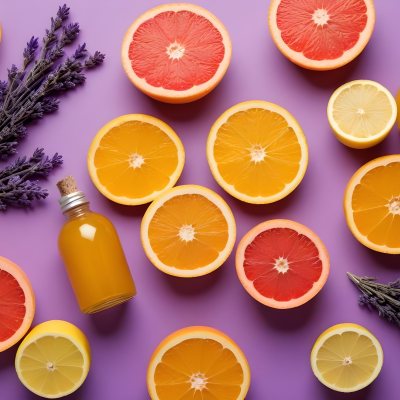 Minimal Soft Studio Light Photography Citrus Fruits Including Grapefruit Lemon And Orange Slices Along With A Bottle Of Essential Oil Or Oil And Sprigs Of Lavender On A Bright Yellow Background High Detai 13 8dcf