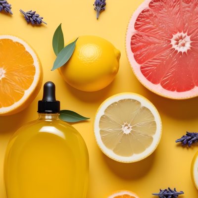 Minimal Soft Studio Light Photography Citrus Fruits Including Grapefruit Lemon And Orange Slices Along With A Bottle Of Essential Oil Or Oil And Sprigs Of Lavender On A Bright Yellow Background High Detai 14 7416