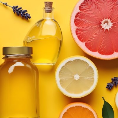 Minimal Soft Studio Light Photography Citrus Fruits Including Grapefruit Lemon And Orange Slices Along With A Bottle Of Essential Oil Or Oil And Sprigs Of Lavender On A Bright Yellow Background High Detai 16 E3be