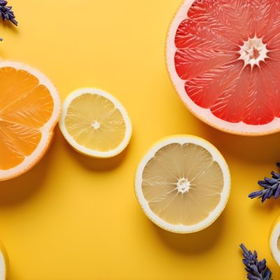 Minimal Soft Studio Light Photography Citrus Fruits Including Grapefruit Lemon And Orange Slices Along With A Bottle Of Essential Oil Or Oil And Sprigs Of Lavender On A Bright Yellow Background High Detai 18 51fa