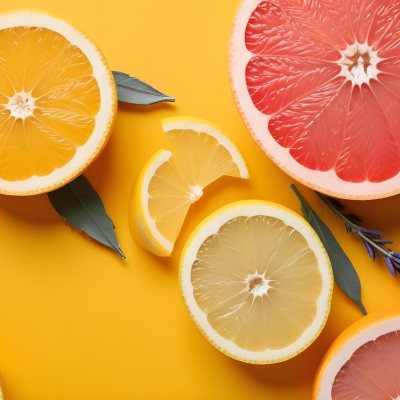 Minimal Soft Studio Light Photography Citrus Fruits Including Grapefruit Lemon And Orange Slices Along With A Bottle Of Essential Oil Or Oil And Sprigs Of Lavender On A Bright Yellow Background High Detai 20 8181