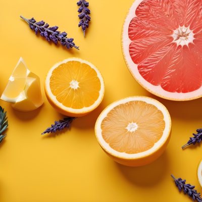 Minimal Soft Studio Light Photography Citrus Fruits Including Grapefruit Lemon And Orange Slices Along With A Bottle Of Essential Oil Or Oil And Sprigs Of Lavender On A Bright Yellow Background High Detai 22 F6a3