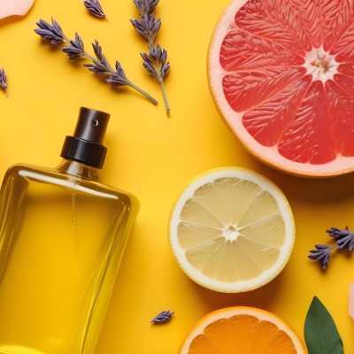 Minimal Soft Studio Light Photography Citrus Fruits Including Grapefruit Lemon And Orange Slices Along With A Bottle Of Essential Oil Or Oil And Sprigs Of Lavender On A Bright Yellow Background High Detai 23 86da