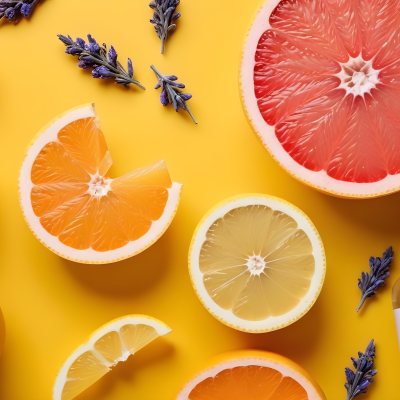 Minimal Soft Studio Light Photography Citrus Fruits Including Grapefruit Lemon And Orange Slices Along With A Bottle Of Essential Oil Or Oil And Sprigs Of Lavender On A Bright Yellow Background High Detai 4 B831