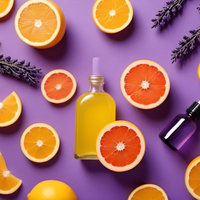 Minimal Soft Studio Light Photography Citrus Fruits Including Grapefruit Lemon And Orange Slices Along With A Bottle Of Essential Oil Or Oil And Sprigs Of Lavender On A Bright Yellow Background High Detai 5 C741
