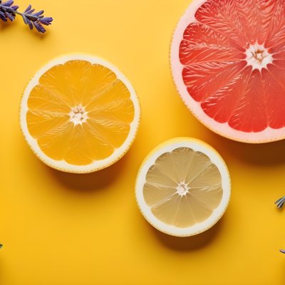 Minimal Soft Studio Light Photography Citrus Fruits Including Grapefruit Lemon And Orange Slices Along With A Bottle Of Essential Oil Or Oil And Sprigs Of Lavender On A Bright Yellow Background High Detai 9 1f01