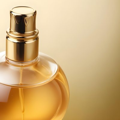 Minimal Soft Studio Light Photography Perfume Bottle With Golden Cap And Yellow Liquid Inside On A Golden Background High Detail Solid Bold Color Background 10 879f