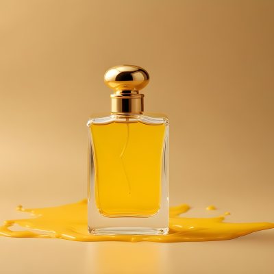 Minimal Soft Studio Light Photography Perfume Bottle With Golden Cap And Yellow Liquid Inside On A Golden Background High Detail Solid Bold Color Background 13 252b