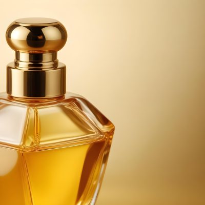 Minimal Soft Studio Light Photography Perfume Bottle With Golden Cap And Yellow Liquid Inside On A Golden Background High Detail Solid Bold Color Background 14 3eda