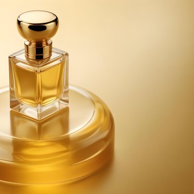 Minimal Soft Studio Light Photography Perfume Bottle With Golden Cap And Yellow Liquid Inside On A Golden Background High Detail Solid Bold Color Background 22 1ac3