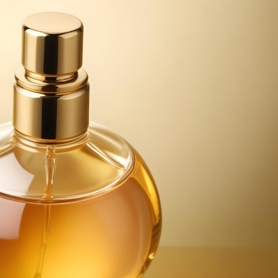 Minimal Soft Studio Light Photography Perfume Bottle With Golden Cap And Yellow Liquid Inside On A Golden Background High Detail Solid Bold Color Background 26 1868