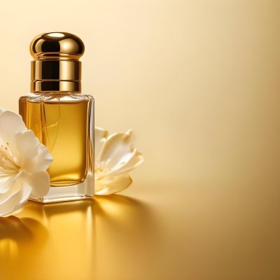 Minimal Soft Studio Light Photography Perfume Bottle With Golden Cap And Yellow Liquid Inside On A Golden Background High Detail Solid Bold Color Background 29 E556