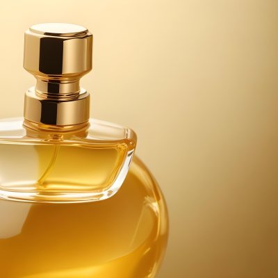 Minimal Soft Studio Light Photography Perfume Bottle With Golden Cap And Yellow Liquid Inside On A Golden Background High Detail Solid Bold Color Background 32 2579