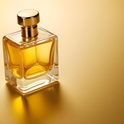 Minimal Soft Studio Light Photography Perfume Bottle With Golden Cap And Yellow Liquid Inside On A Golden Background High Detail Solid Bold Color Background 34 8ad5