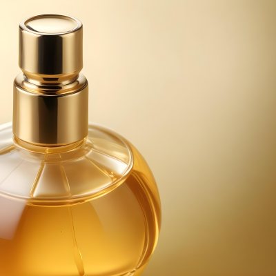 Minimal Soft Studio Light Photography Perfume Bottle With Golden Cap And Yellow Liquid Inside On A Golden Background High Detail Solid Bold Color Background 5 A65f