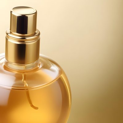 Minimal Soft Studio Light Photography Perfume Bottle With Golden Cap And Yellow Liquid Inside On A Golden Background High Detail Solid Bold Color Background 7 66de