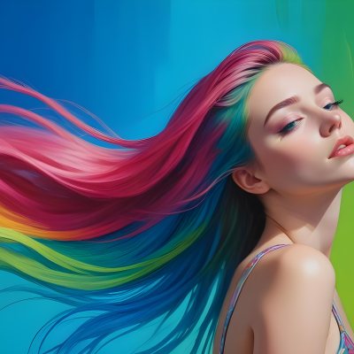 Oil Painting A Young Woman With Fair Skin And Long Vibrant Hair That Transitions Through Multiple Colors Including Pink Blue And Green She Has Green Eyes And Wears Bold Eye Makeup With Her Head Tilted Back And Eye 10 Ccb9