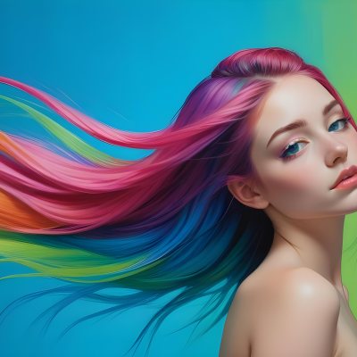 Oil Painting A Young Woman With Fair Skin And Long Vibrant Hair That Transitions Through Multiple Colors Including Pink Blue And Green She Has Green Eyes And Wears Bold Eye Makeup With Her Head Tilted Back And Eye 11 Ffdf