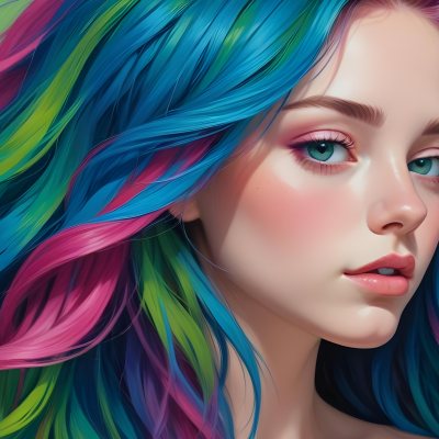 Oil Painting A Young Woman With Fair Skin And Long Vibrant Hair That Transitions Through Multiple Colors Including Pink Blue And Green She Has Green Eyes And Wears Bold Eye Makeup With Her Head Tilted Back And Eye 14 24aa