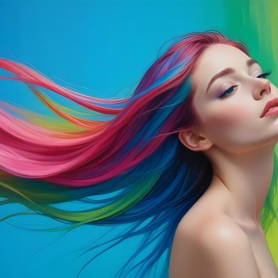 Oil Painting A Young Woman With Fair Skin And Long Vibrant Hair That Transitions Through Multiple Colors Including Pink Blue And Green She Has Green Eyes And Wears Bold Eye Makeup With Her Head Tilted Back And Eye 15 0ad6