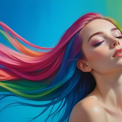 Oil Painting A Young Woman With Fair Skin And Long Vibrant Hair That Transitions Through Multiple Colors Including Pink Blue And Green She Has Green Eyes And Wears Bold Eye Makeup With Her Head Tilted Back And Eye 17 C932