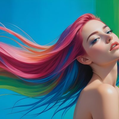 Oil Painting A Young Woman With Fair Skin And Long Vibrant Hair That Transitions Through Multiple Colors Including Pink Blue And Green She Has Green Eyes And Wears Bold Eye Makeup With Her Head Tilted Back And Eye 19 2c91