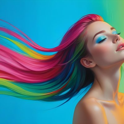 Oil Painting A Young Woman With Fair Skin And Long Vibrant Hair That Transitions Through Multiple Colors Including Pink Blue And Green She Has Green Eyes And Wears Bold Eye Makeup With Her Head Tilted Back And Eye 20 D83b