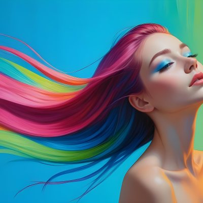 Oil Painting A Young Woman With Fair Skin And Long Vibrant Hair That Transitions Through Multiple Colors Including Pink Blue And Green She Has Green Eyes And Wears Bold Eye Makeup With Her Head Tilted Back And Eye 22 B6e3