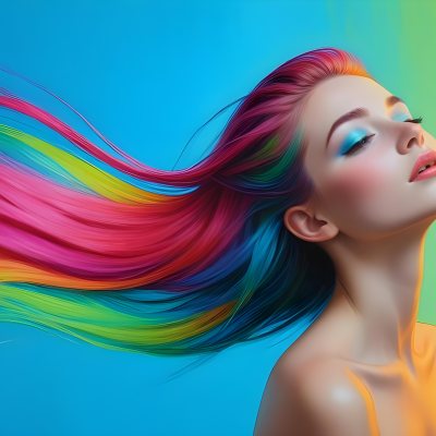 Oil Painting A Young Woman With Fair Skin And Long Vibrant Hair That Transitions Through Multiple Colors Including Pink Blue And Green She Has Green Eyes And Wears Bold Eye Makeup With Her Head Tilted Back And Eye 24 2561