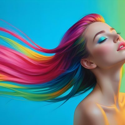 Oil Painting A Young Woman With Fair Skin And Long Vibrant Hair That Transitions Through Multiple Colors Including Pink Blue And Green She Has Green Eyes And Wears Bold Eye Makeup With Her Head Tilted Back And Eye 6 927c