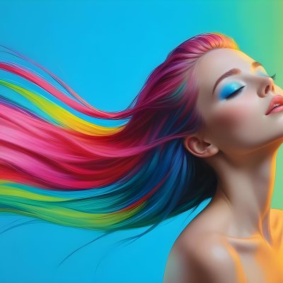Oil Painting A Young Woman With Fair Skin And Long Vibrant Hair That Transitions Through Multiple Colors Including Pink Blue And Green She Has Green Eyes And Wears Bold Eye Makeup With Her Head Tilted Back And Eye 7 E0ba