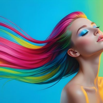 Oil Painting A Young Woman With Fair Skin And Long Vibrant Hair That Transitions Through Multiple Colors Including Pink Blue And Green She Has Green Eyes And Wears Bold Eye Makeup With Her Head Tilted Back And Eye 8 E8c6