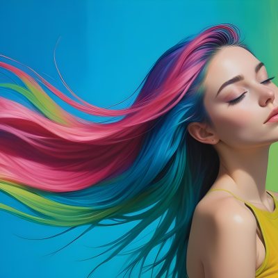Oil Painting A Young Woman With Fair Skin And Long Vibrant Hair That Transitions Through Multiple Colors Including Pink Blue And Green She Has Green Eyes And Wears Bold Eye Makeup With Her Head Tilted Back And Eye 9 C230