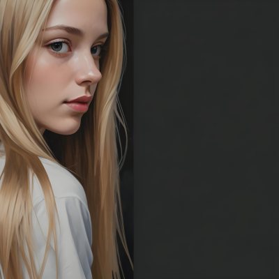 Oil Painting A Young Woman With Long Straight Blonde Hair Partially Obscured By Her Hair She Has Light Skin And Is Looking Towards The Camera The Background Is A Solid Dark Color Creative Extremely Detailed Brush 6 F55f