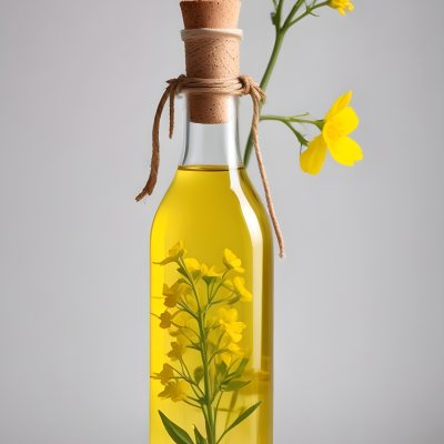 Rapeseed Oil In A Glass Bottle With A Thin Neck Tied With A String Next To A Rapeseed Flower On A White Background 19 C08c