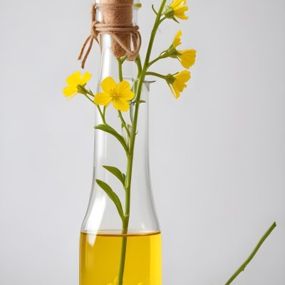 Rapeseed Oil In A Glass Bottle With A Thin Neck Tied With A String Next To A Rapeseed Flower On A White Background 20 D0f9