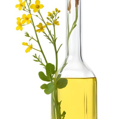Rapeseed Oil In A Glass Bottle With A Thin Neck Tied With A String Next To A Rapeseed Flower On A White Background 22 E4a3