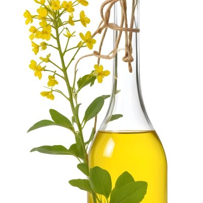 Rapeseed Oil In A Glass Bottle With A Thin Neck Tied With A String Next To A Rapeseed Flower On A White Background 26 Bde2