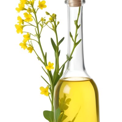 Rapeseed Oil In A Glass Bottle With A Thin Neck Tied With A String Next To A Rapeseed Flower On A White Background 27 Dbf5