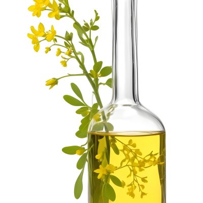 Rapeseed Oil In A Glass Bottle With A Thin Neck Tied With A String Next To A Rapeseed Flower On A White Background 30 Be2f