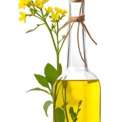 Rapeseed Oil In A Glass Bottle With A Thin Neck Tied With A String Next To A Rapeseed Flower On A White Background 5 E12e