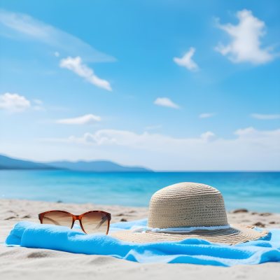 Straw Hat And Sunglasses On A Blue Towel In A White Sand Beach With A Blue Sky And The Ocean In The Background 19 3788