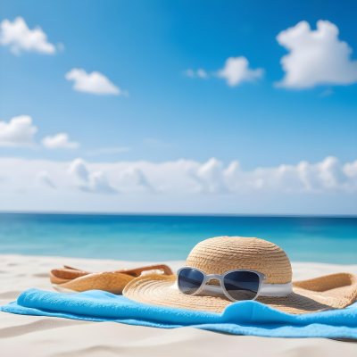 Straw Hat And Sunglasses On A Blue Towel In A White Sand Beach With A Blue Sky And The Ocean In The Background 2 Bae7