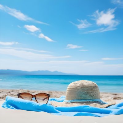 Straw Hat And Sunglasses On A Blue Towel In A White Sand Beach With A Blue Sky And The Ocean In The Background 21 A058