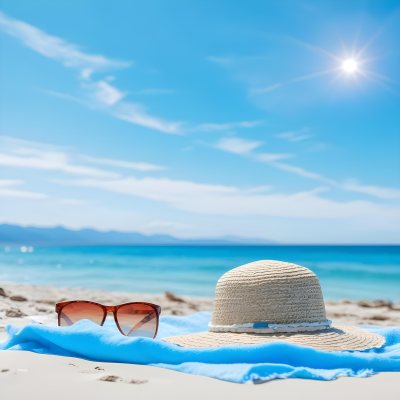 Straw Hat And Sunglasses On A Blue Towel In A White Sand Beach With A Blue Sky And The Ocean In The Background 24 E6fe