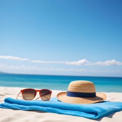 Straw Hat And Sunglasses On A Blue Towel In A White Sand Beach With A Blue Sky And The Ocean In The Background 34 A6a6