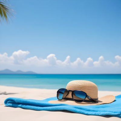 Straw Hat And Sunglasses On A Blue Towel In A White Sand Beach With A Blue Sky And The Ocean In The Background 37 C89c
