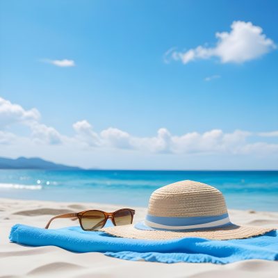 Straw Hat And Sunglasses On A Blue Towel In A White Sand Beach With A Blue Sky And The Ocean In The Background 4 Ed1b